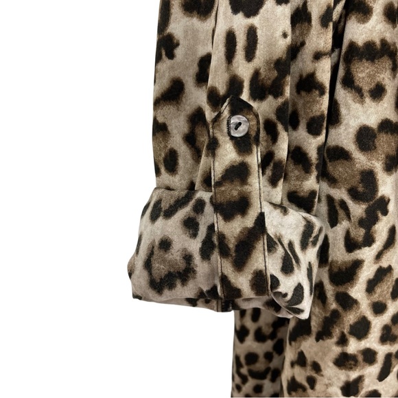 ODDI Leopard Print High-Low Tie Front Top Blouse M Tan Brown Roll Tab Sleeve - Picture 4 of 8